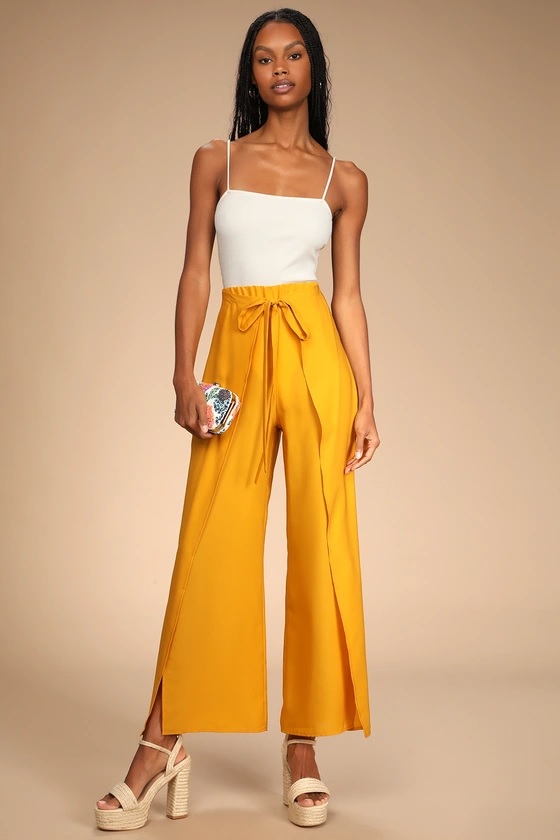 5-1 Bright and Breezy Marigold Tie-front Culotte Side Slit Pants